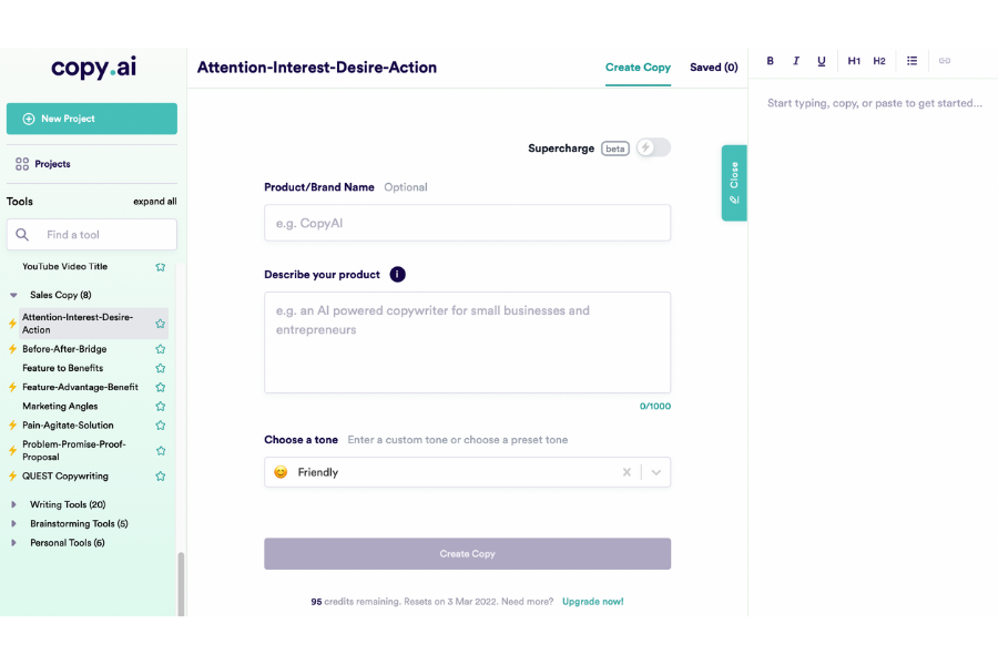 Copy.Ai dashboard & AIDA feature